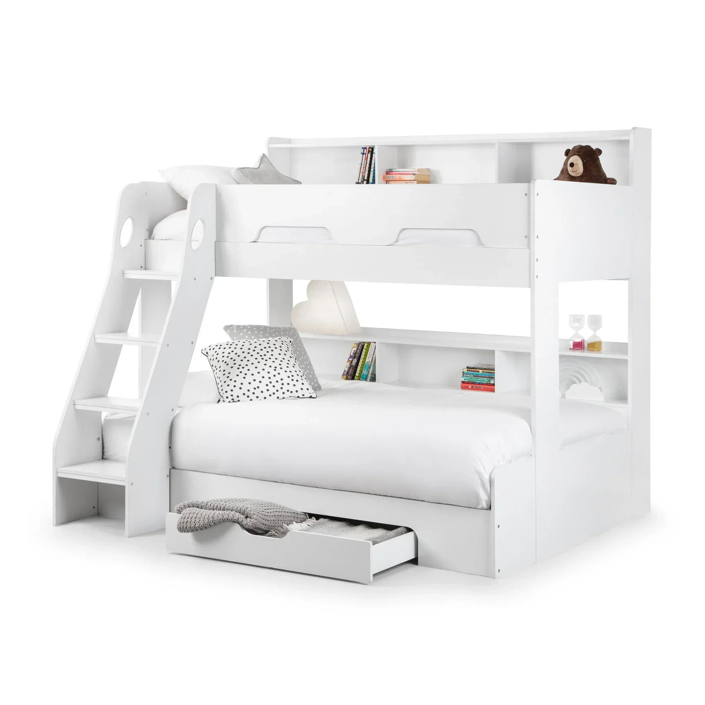 White wooden bunk bed with shelves, side ladder, and pull-out storage drawer