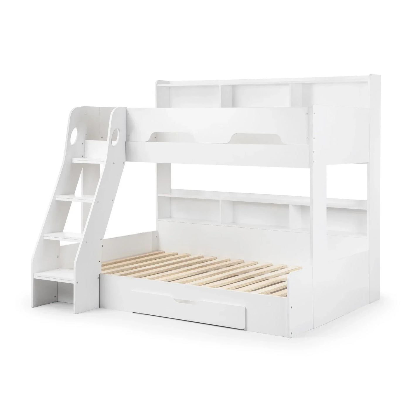 White wooden bunk bed with stairs, open shelves and underbed storage drawer