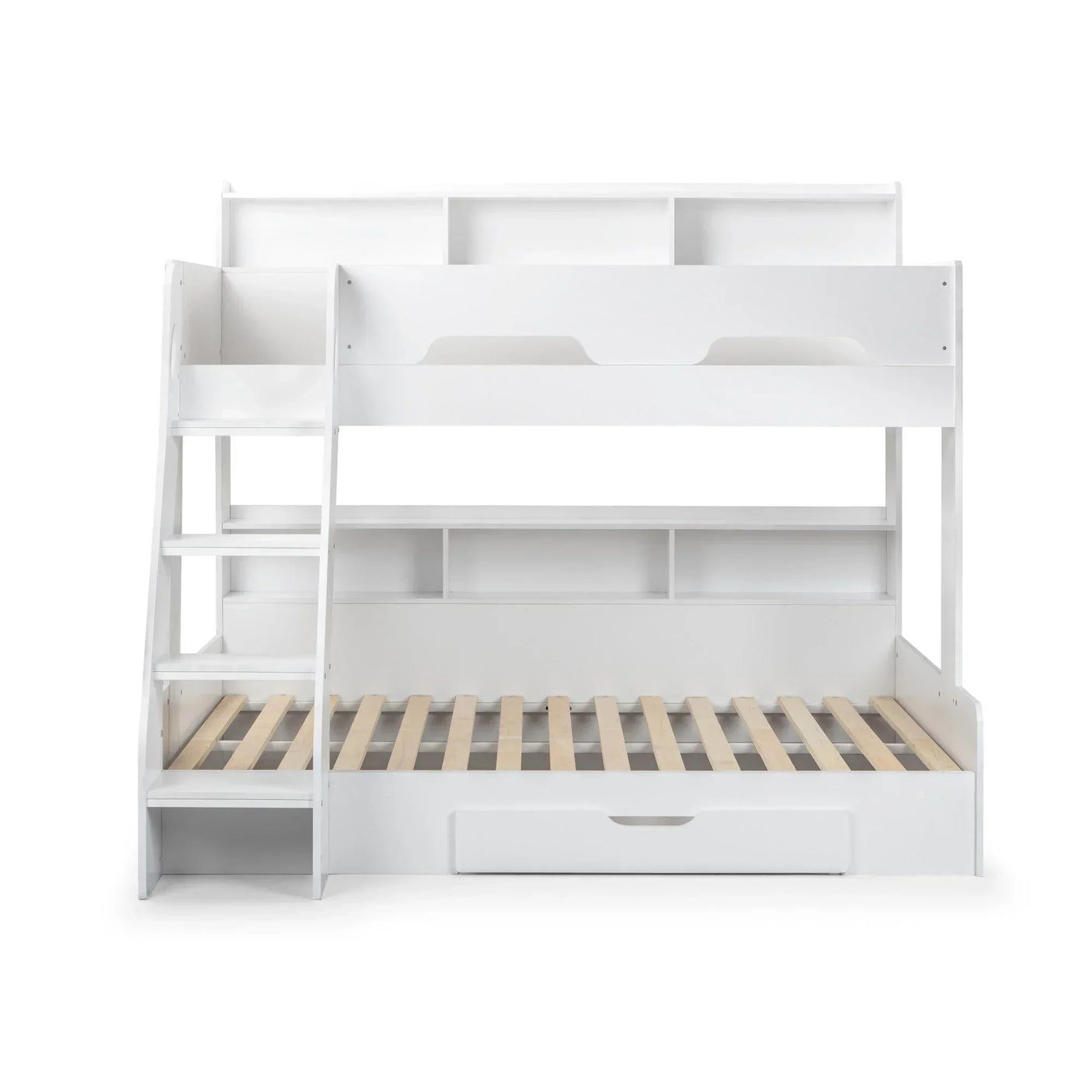 White wooden bunk bed with storage shelves, angled ladder, and underbed drawer, front view