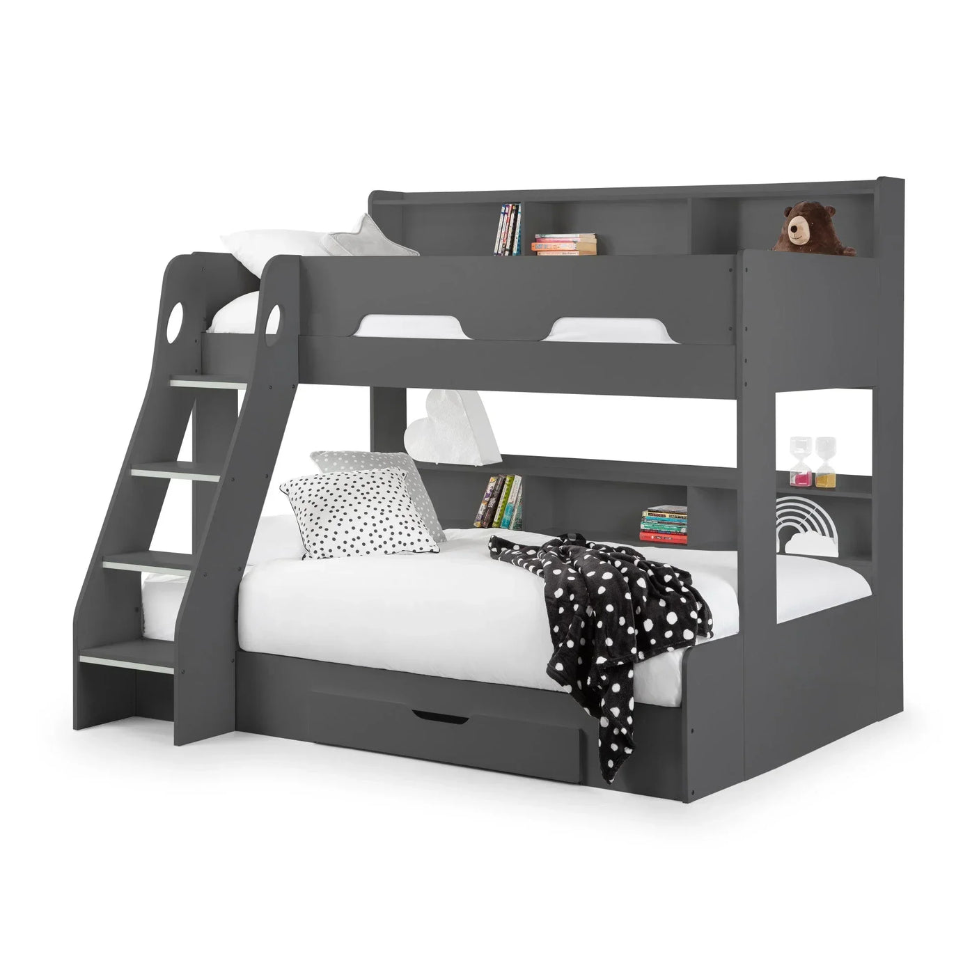 Grey bunk bed with shelving, storage drawer, side ladder, polka dot bedding and pillows
