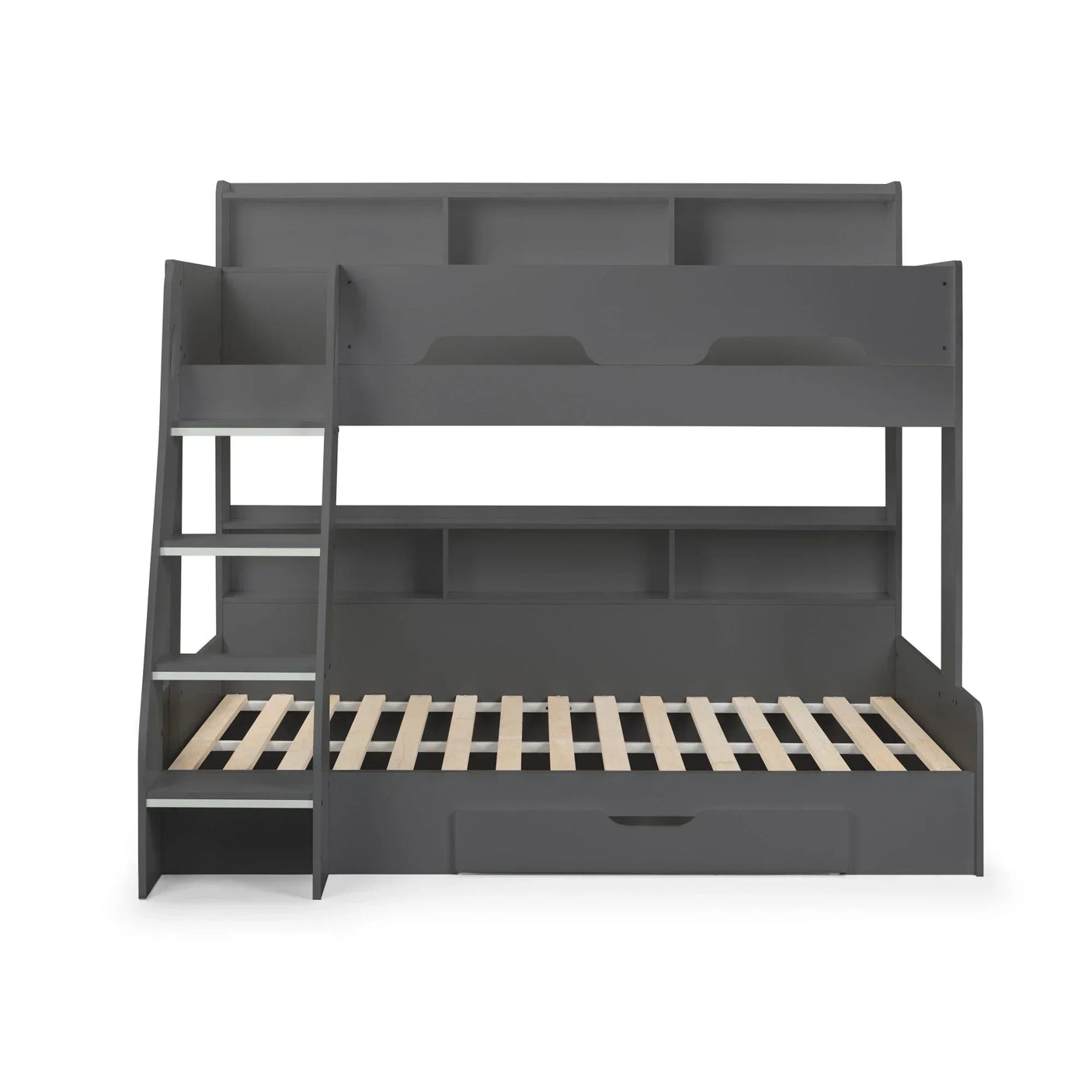 Grey wooden bunk bed with storage shelves, drawer, and angled ladder front view
