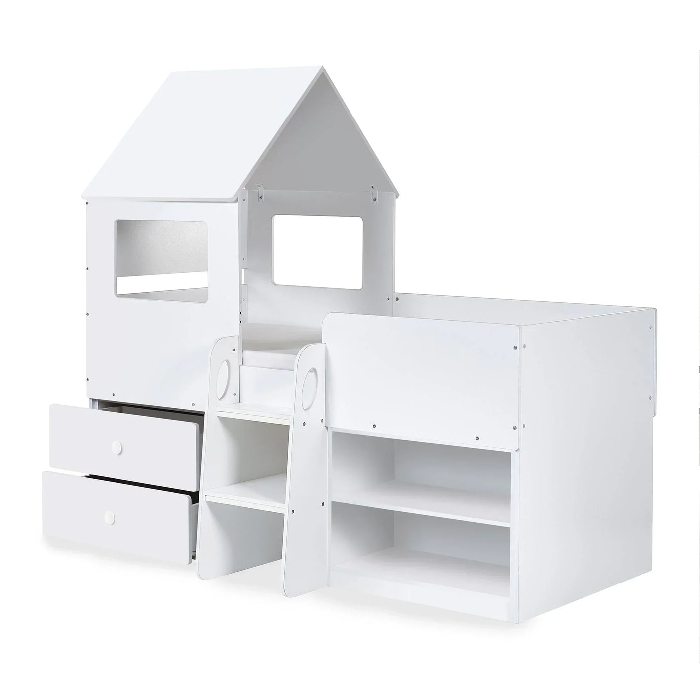 White midsleeper kids bed with house frame, ladder, drawers, and open shelving