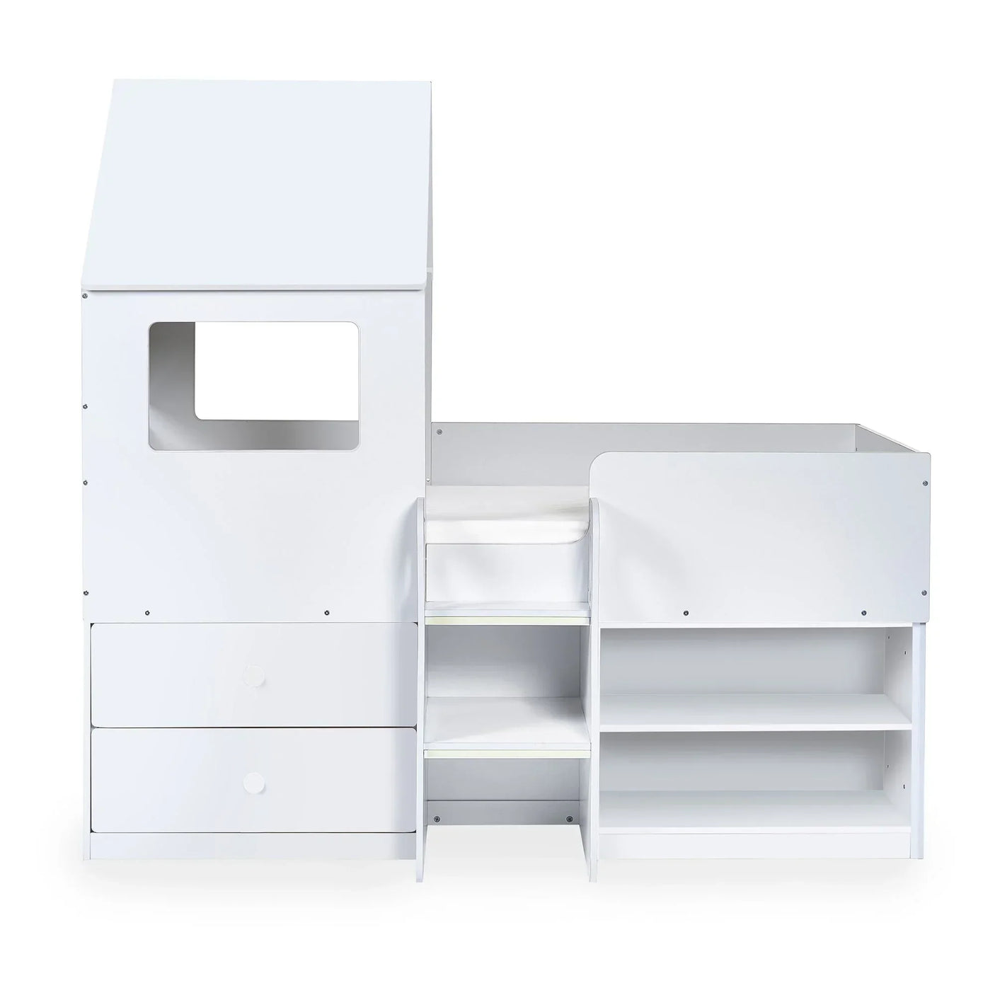 White midsleeper bed with drawers, open shelves, ladder and playhouse window