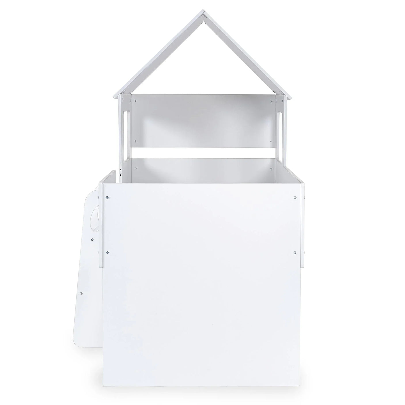 White midsleeper bed frame with house-shaped headboard, front view, wooden construction