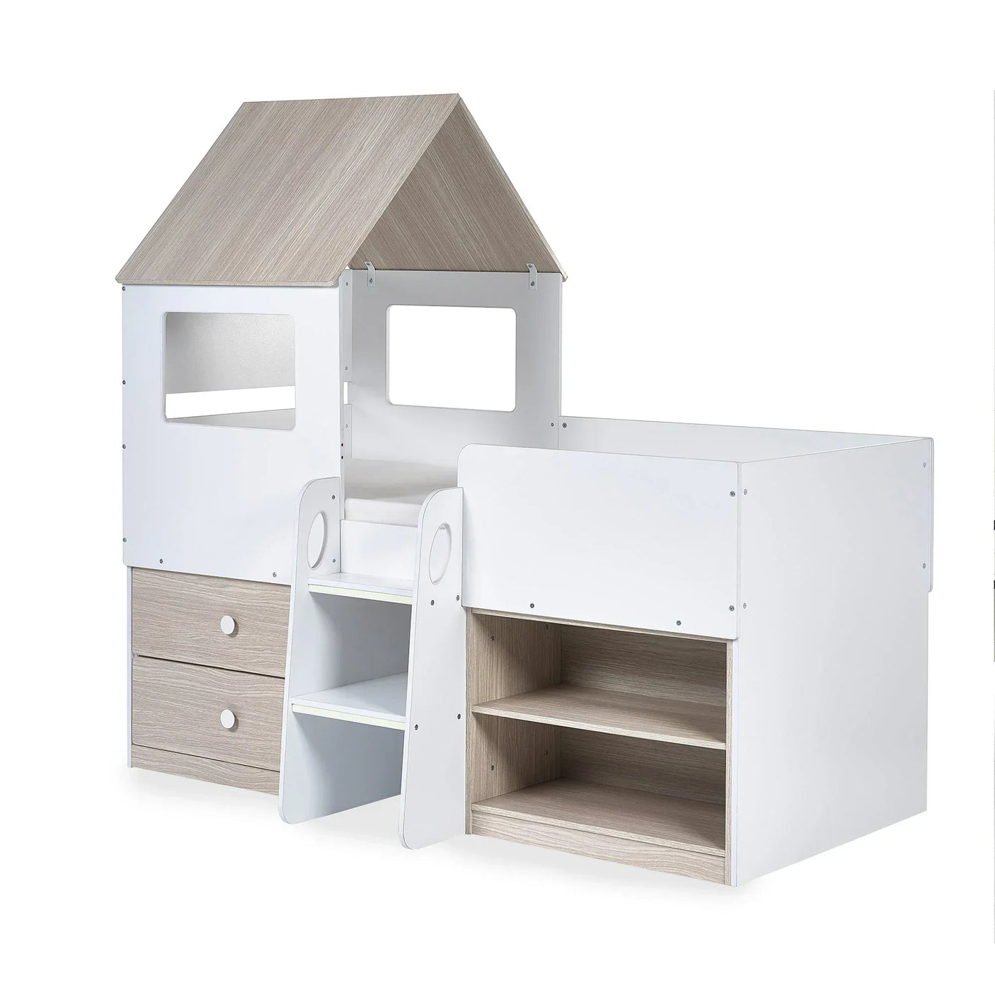 Orpheus midsleeper bed in pale wood and white with drawers, shelves, and playhouse design
