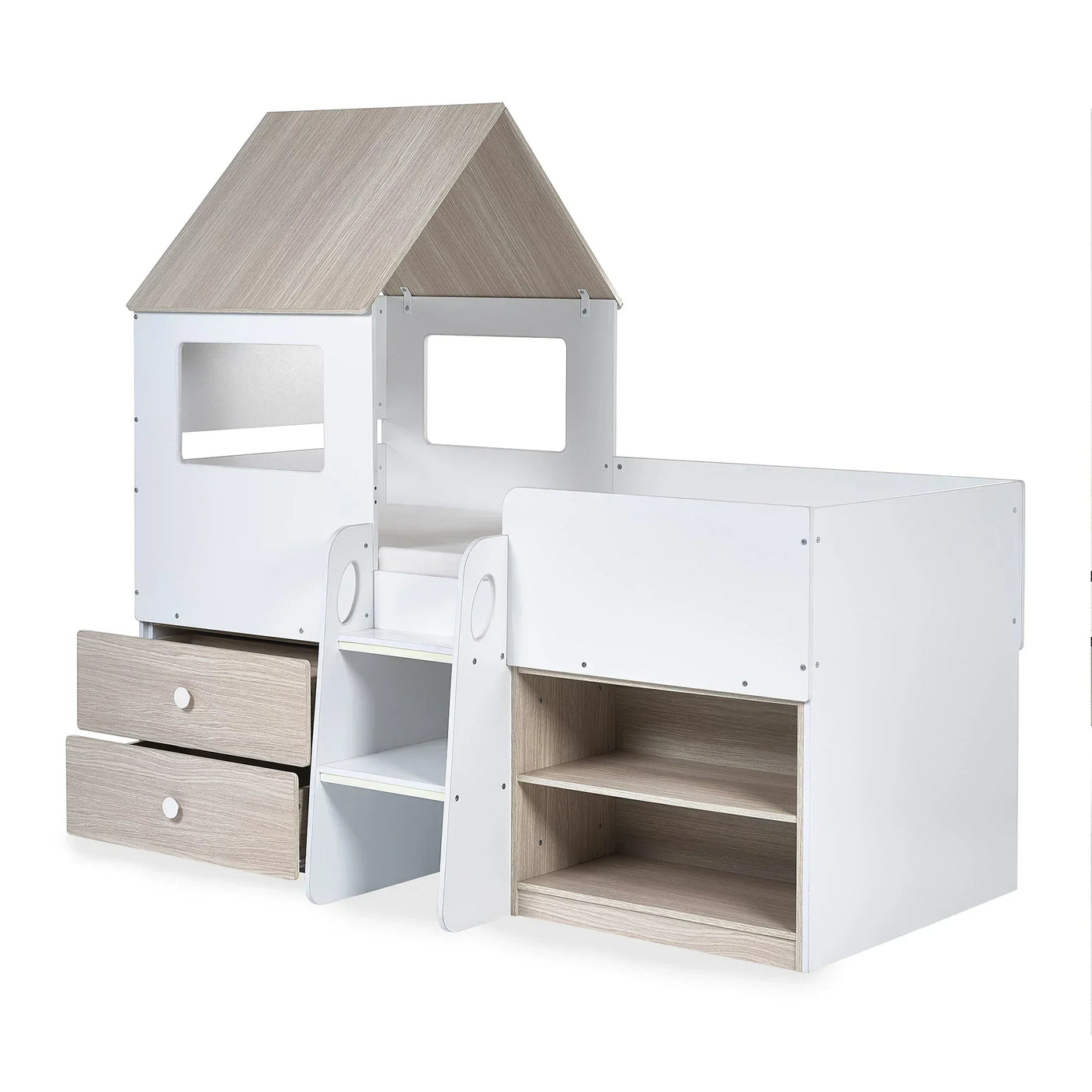 Orpheus midsleeper bed with pale wood house frame, drawers, shelves, and ladder front view