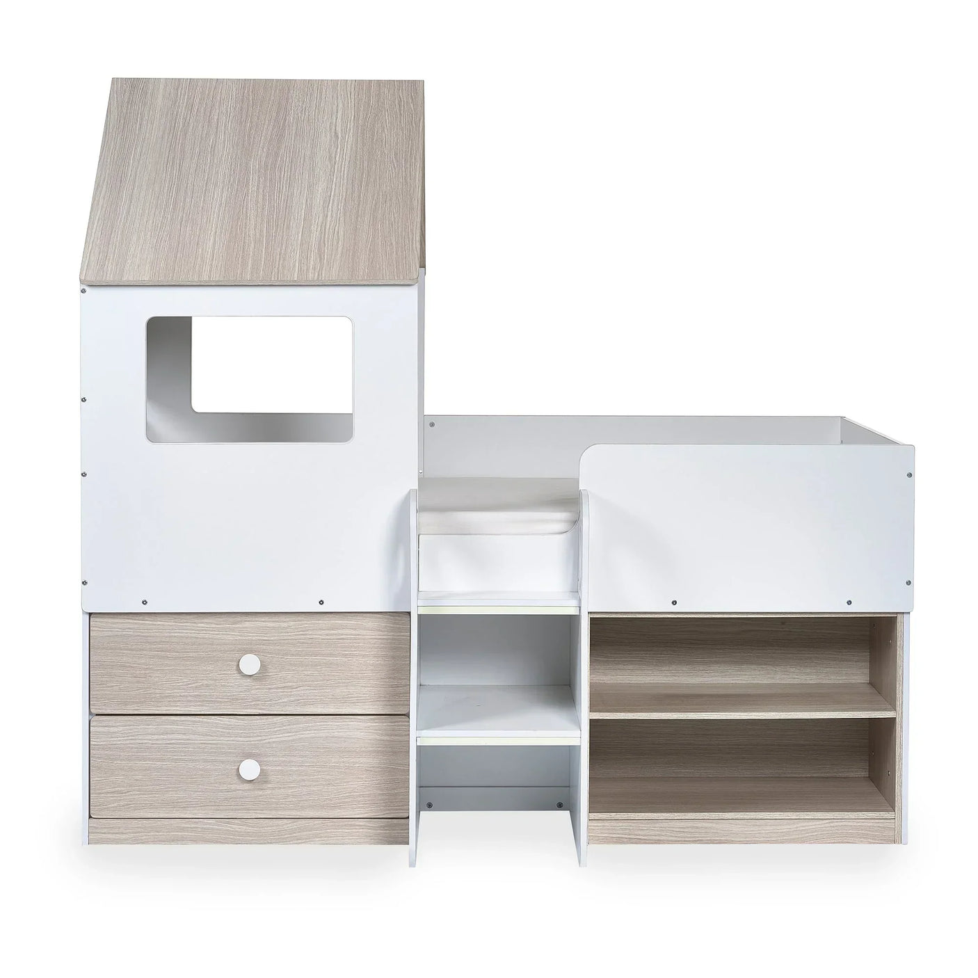 children’s midsleeper bed with pale wood and white finish, storage drawers and shelves