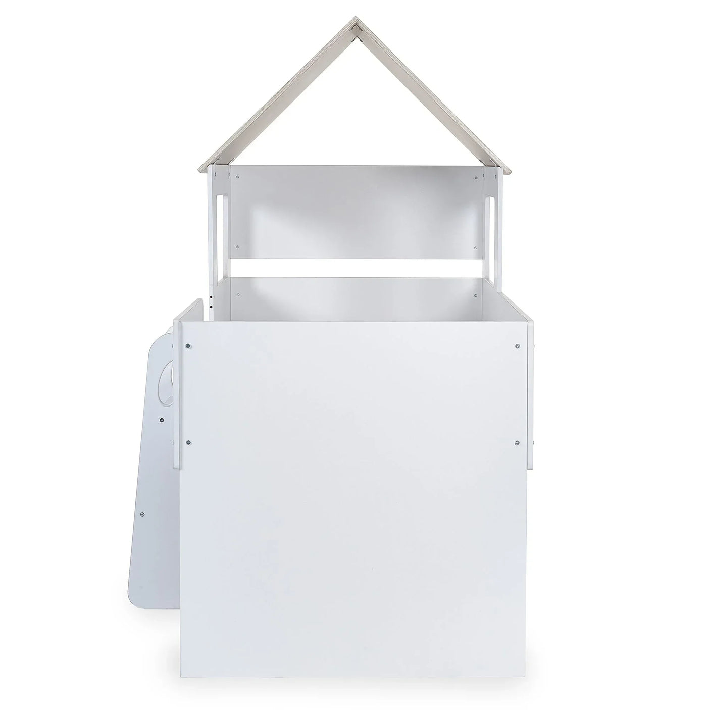 Front view of white wood midsleeper bed with house frame and solid panel design