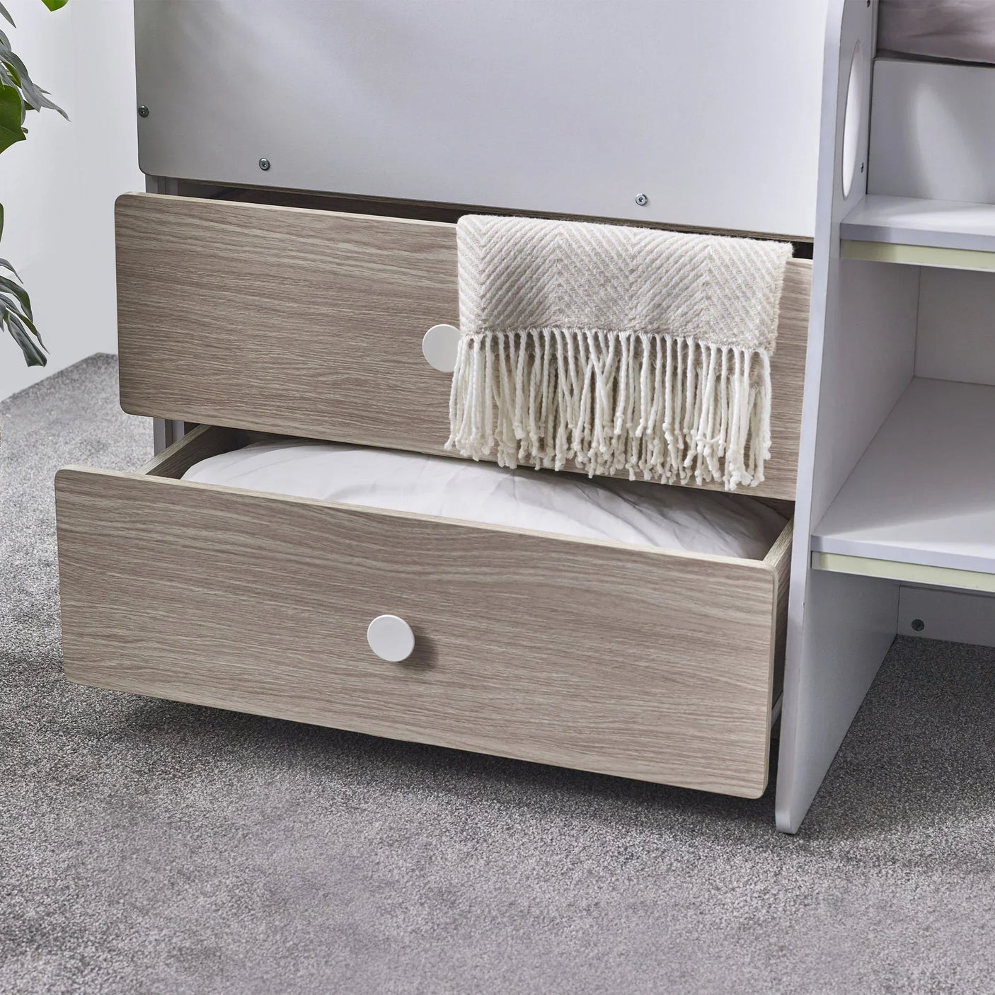 Orpheus midsleeper pale wood drawers with blanket detail and storage shelves