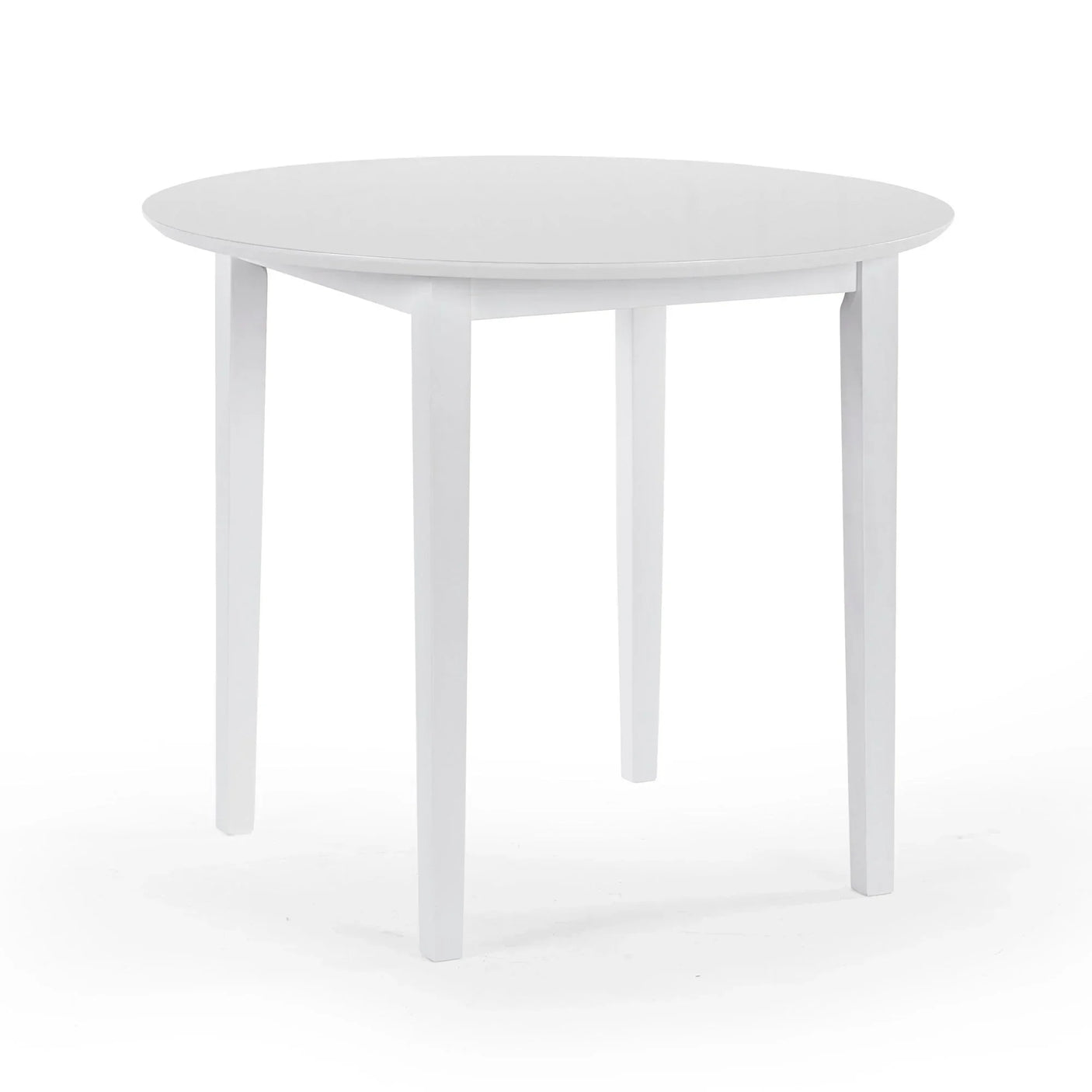 White round dining table with four straight legs on white background