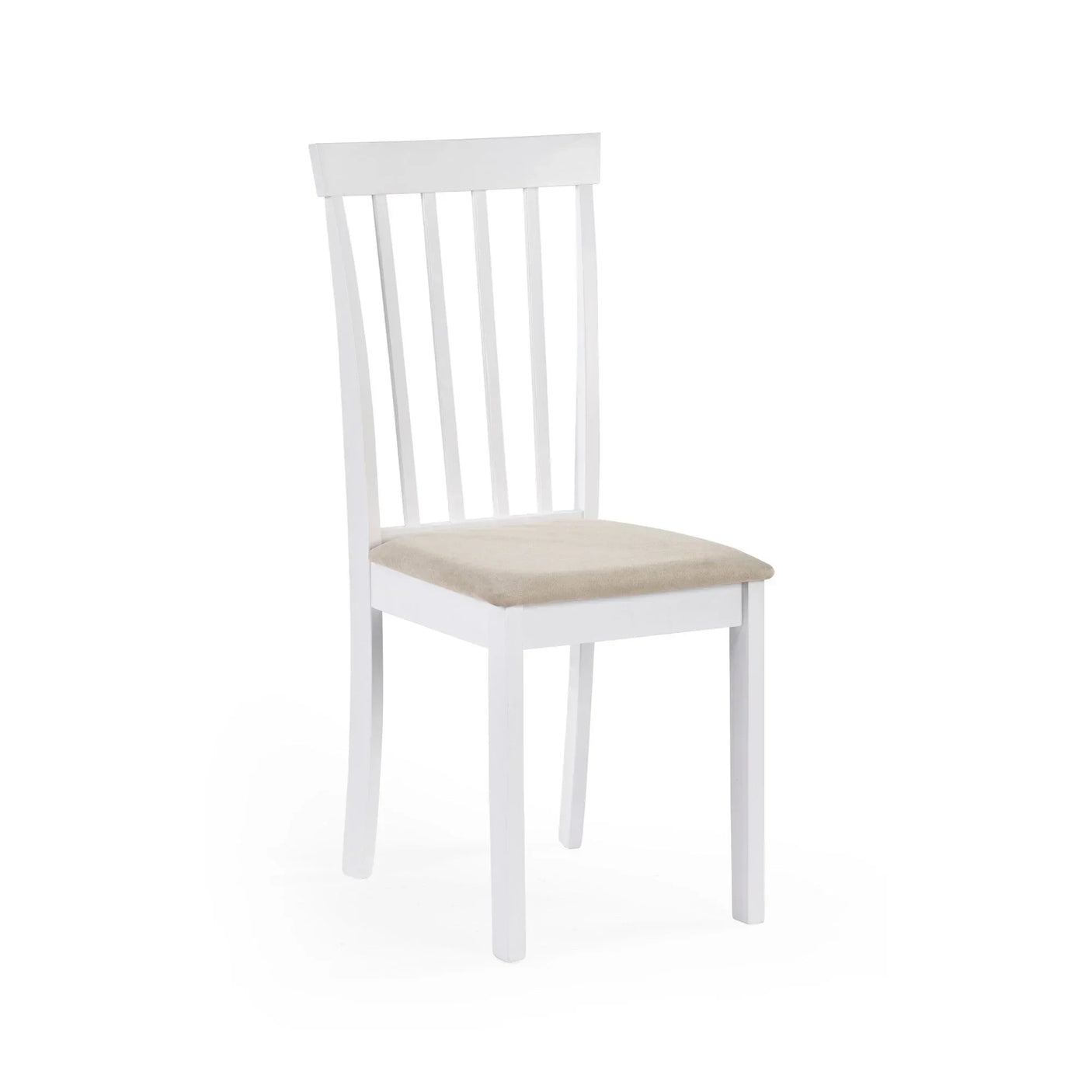 White wooden dining chair with slatted back and cushioned beige seat