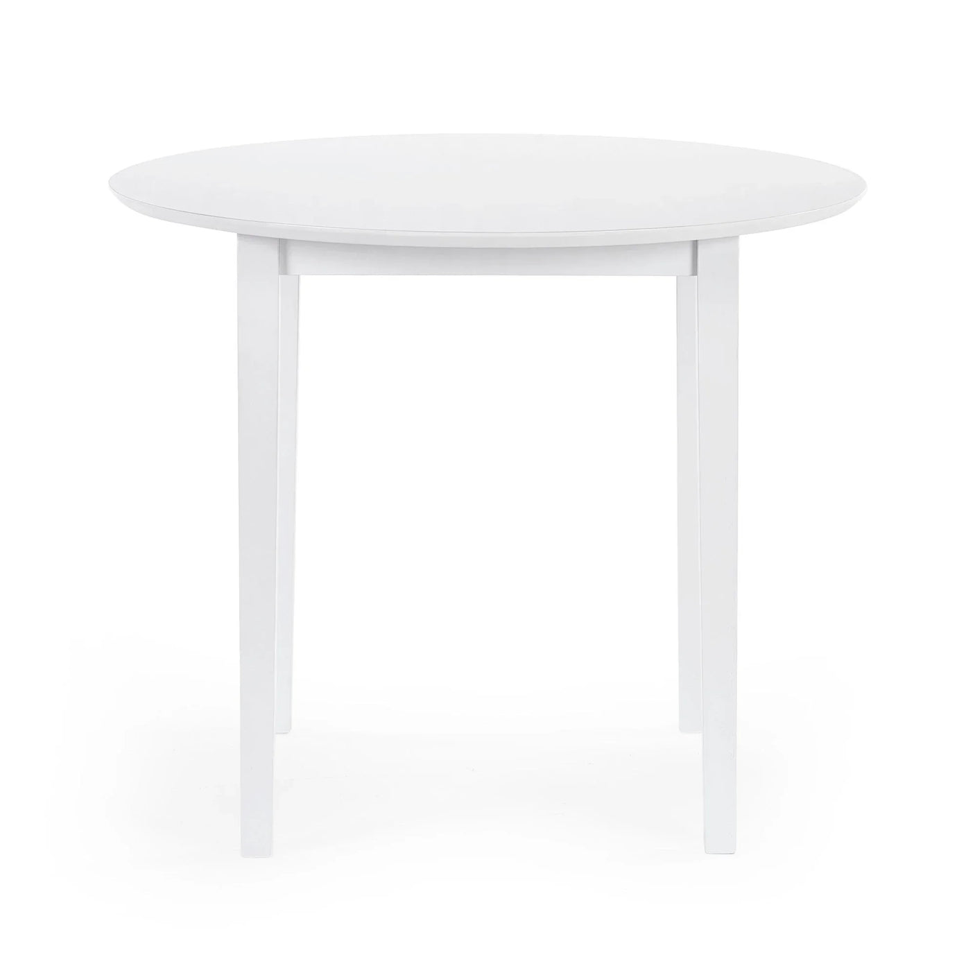 White round dining table with four straight legs, minimalist style