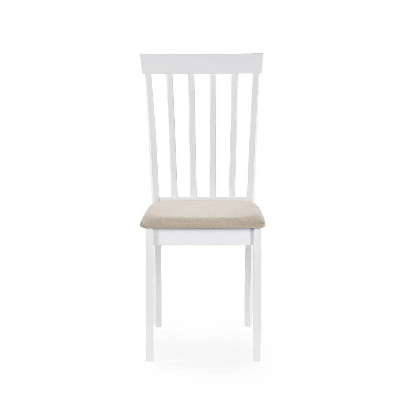 White dining chair with vertical slat backrest and beige cushioned seat, front view