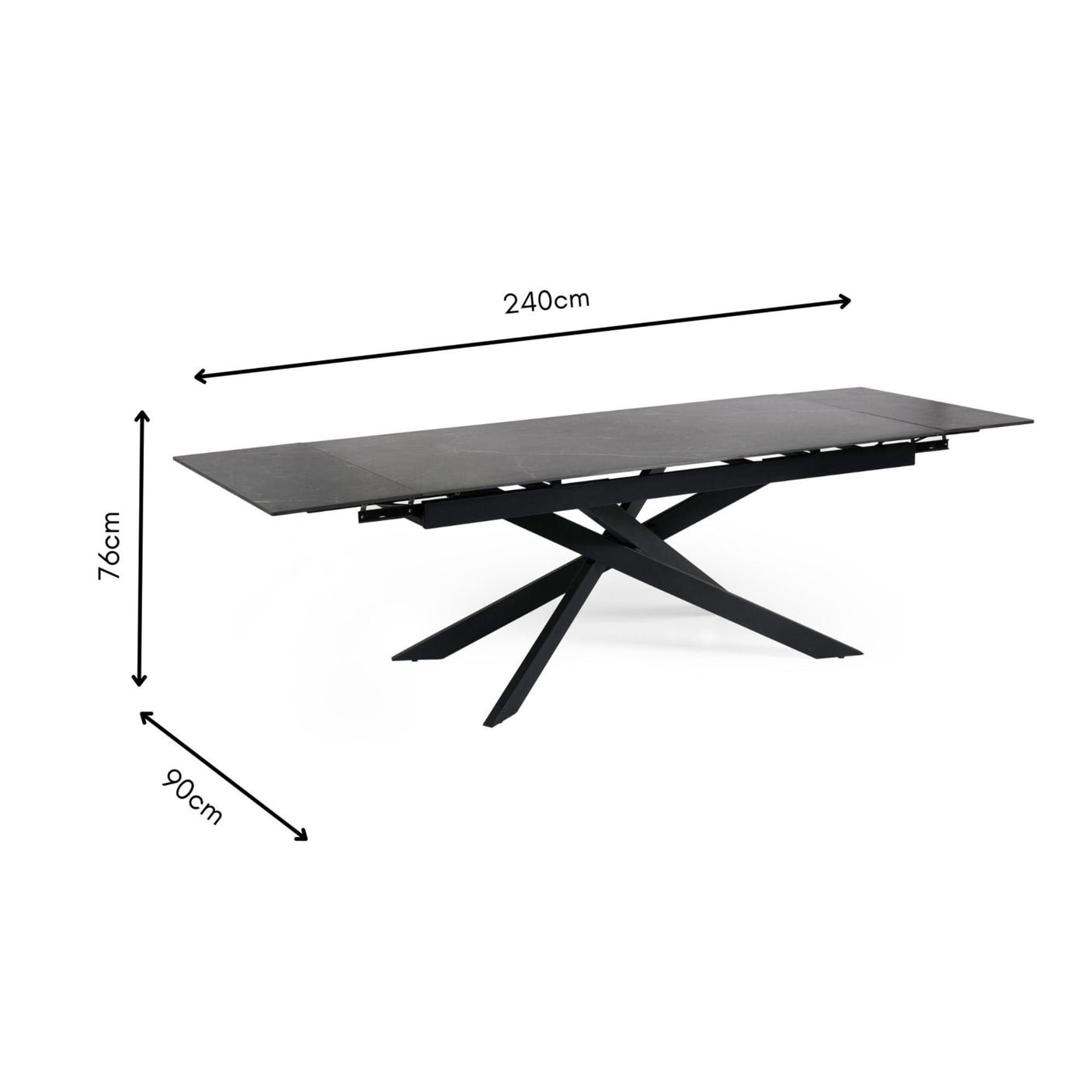 Modern black extending dining table with X-shaped metal legs, shown with dimensions on white background.