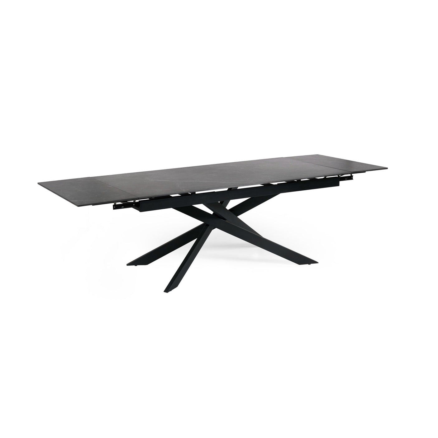 Extended matte black dining table with crossed metal base, isolated on white background, side view