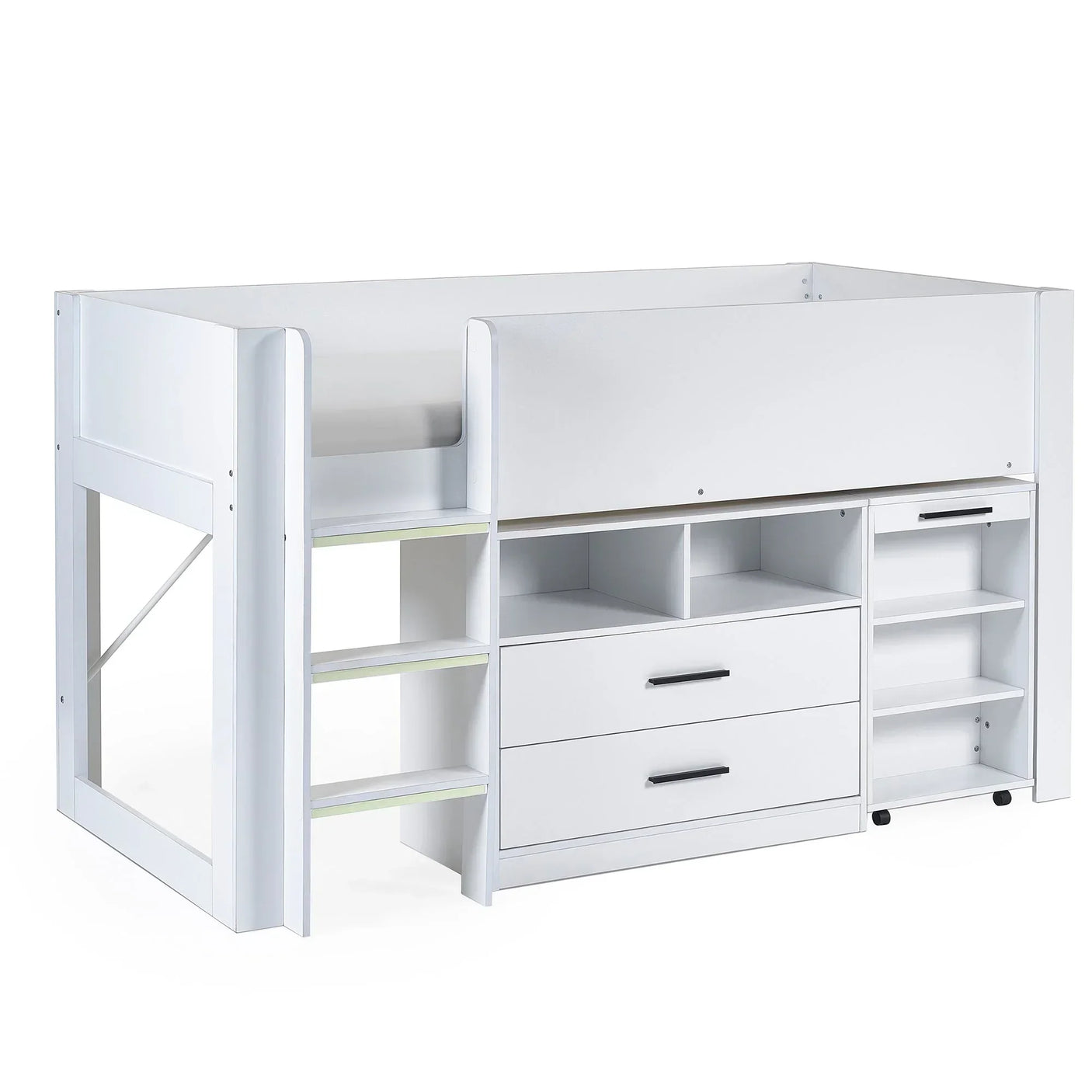 White midsleeper bed with integrated shelves, drawers, and storage on left angled view