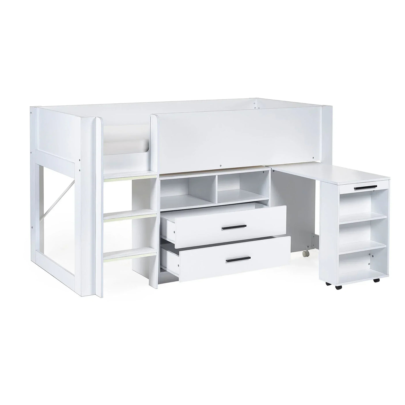 White midsleeper bed with ladder, drawers, shelves, and pull-out desk for kids room storage