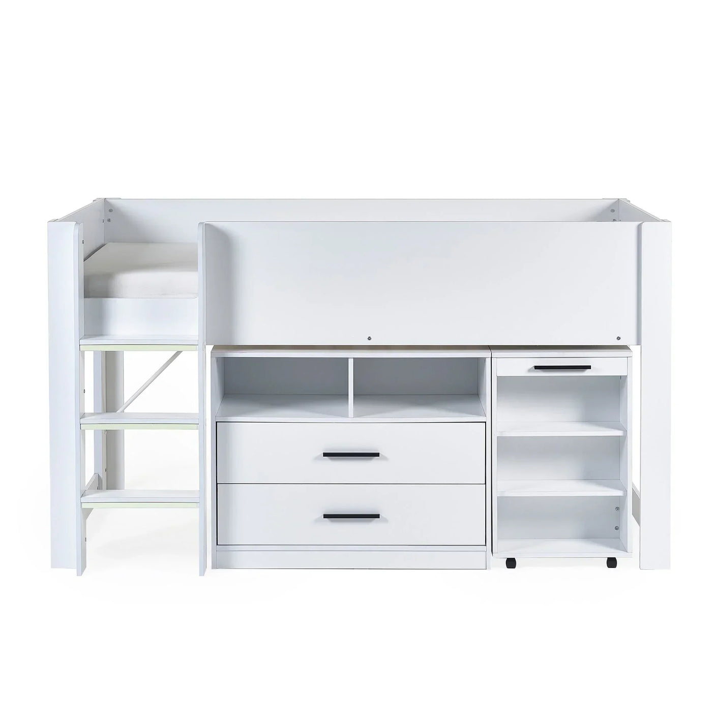 White midsleeper bed with ladder, built-in drawers, open shelves, and pull-out storage unit