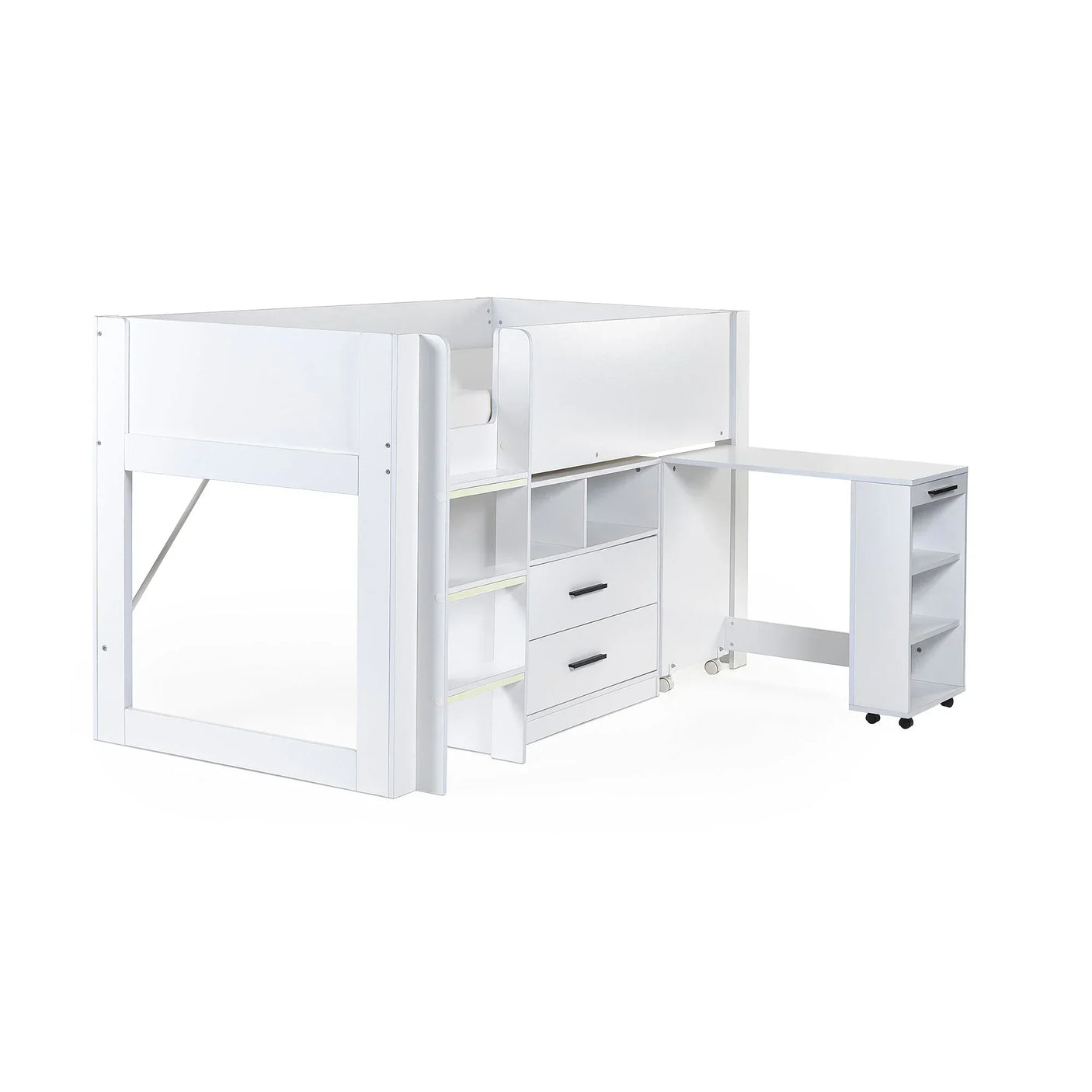 White midsleeper bed with ladder, storage drawers, shelves, and pull-out desk on wheels