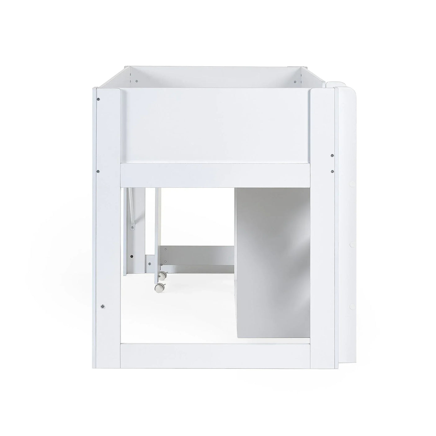 White midsleeper bed frame side view with underbed storage and clean lines
