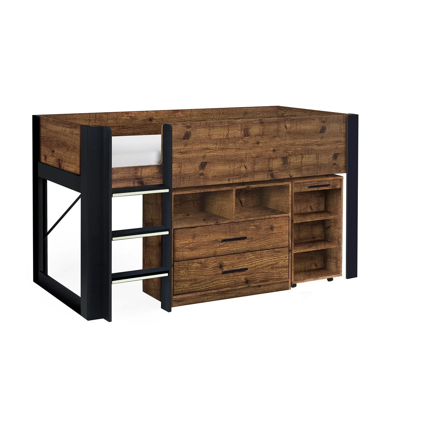 Urban rustic midsleeper bed with black frame, built-in drawers, open shelves and ladder