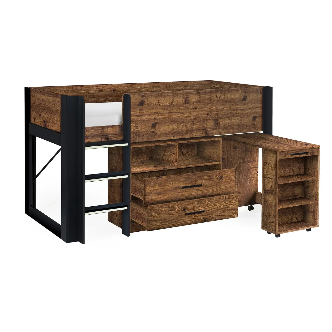 Urban rustic midsleeper bed with ladder, storage drawers, shelves, and pull-out desk