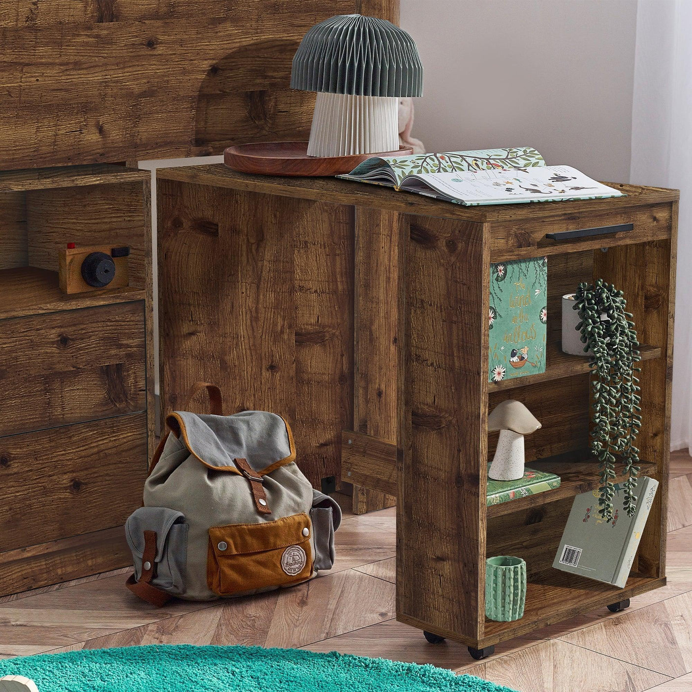 Urban rustic midsleeper bed with pull-out desk, wood finish and storage shelves