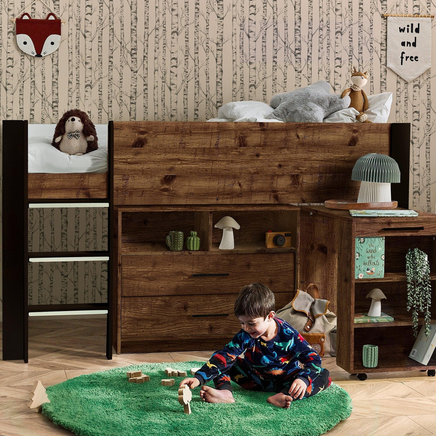 Urban rustic midsleeper bed with black frame, storage shelves, and child playing on green rug