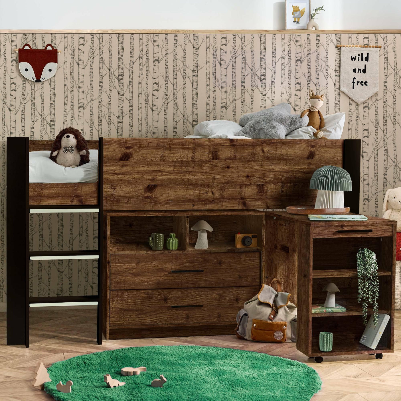 Urban rustic midsleeper bed with ladder, underbed drawers, and rolling storage in child's room