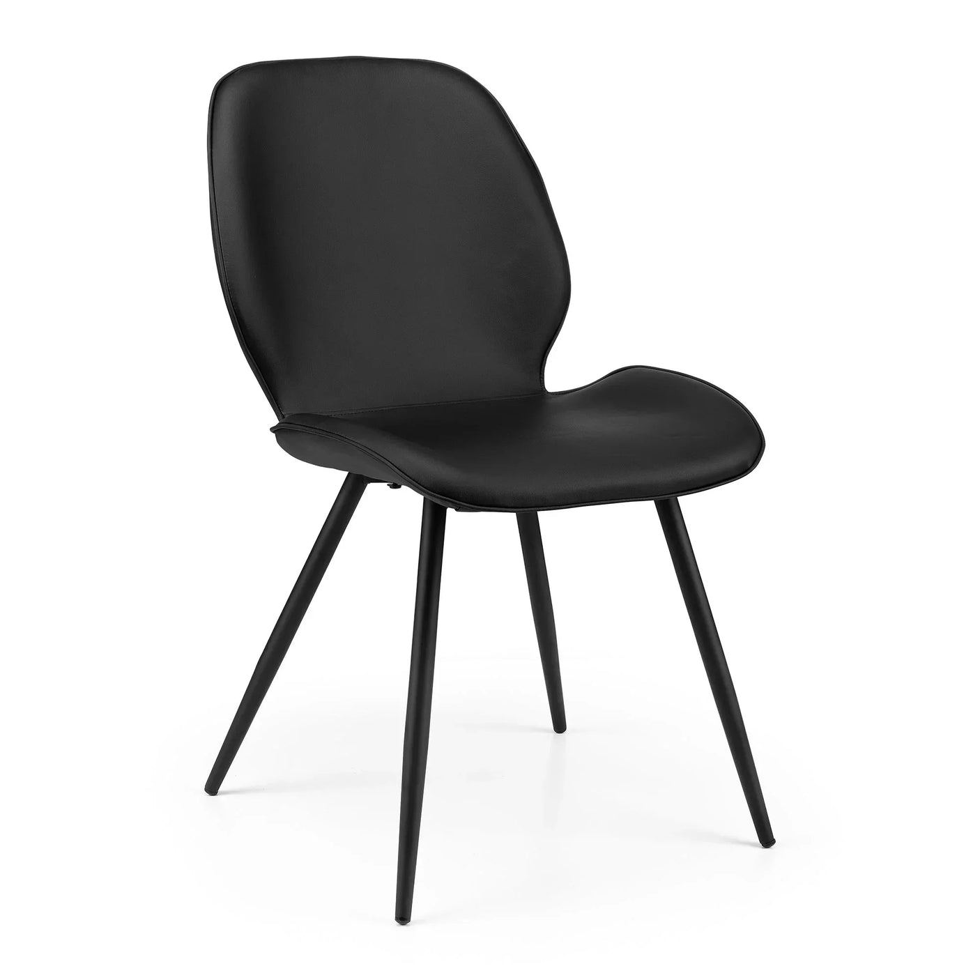 Black dining chair with a curved seat, padded back, and slim tapered metal legs