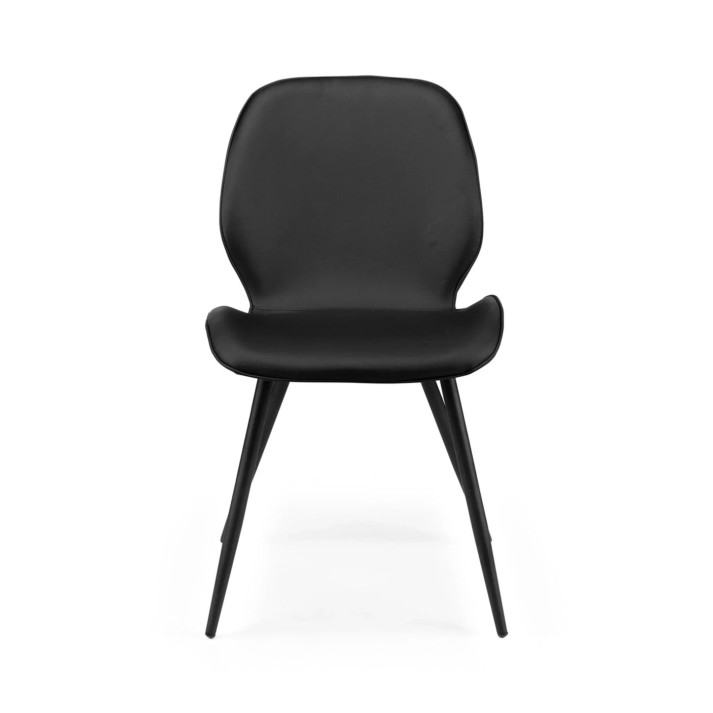 Black dining chair with curved backrest and four angled legs, front view on white background