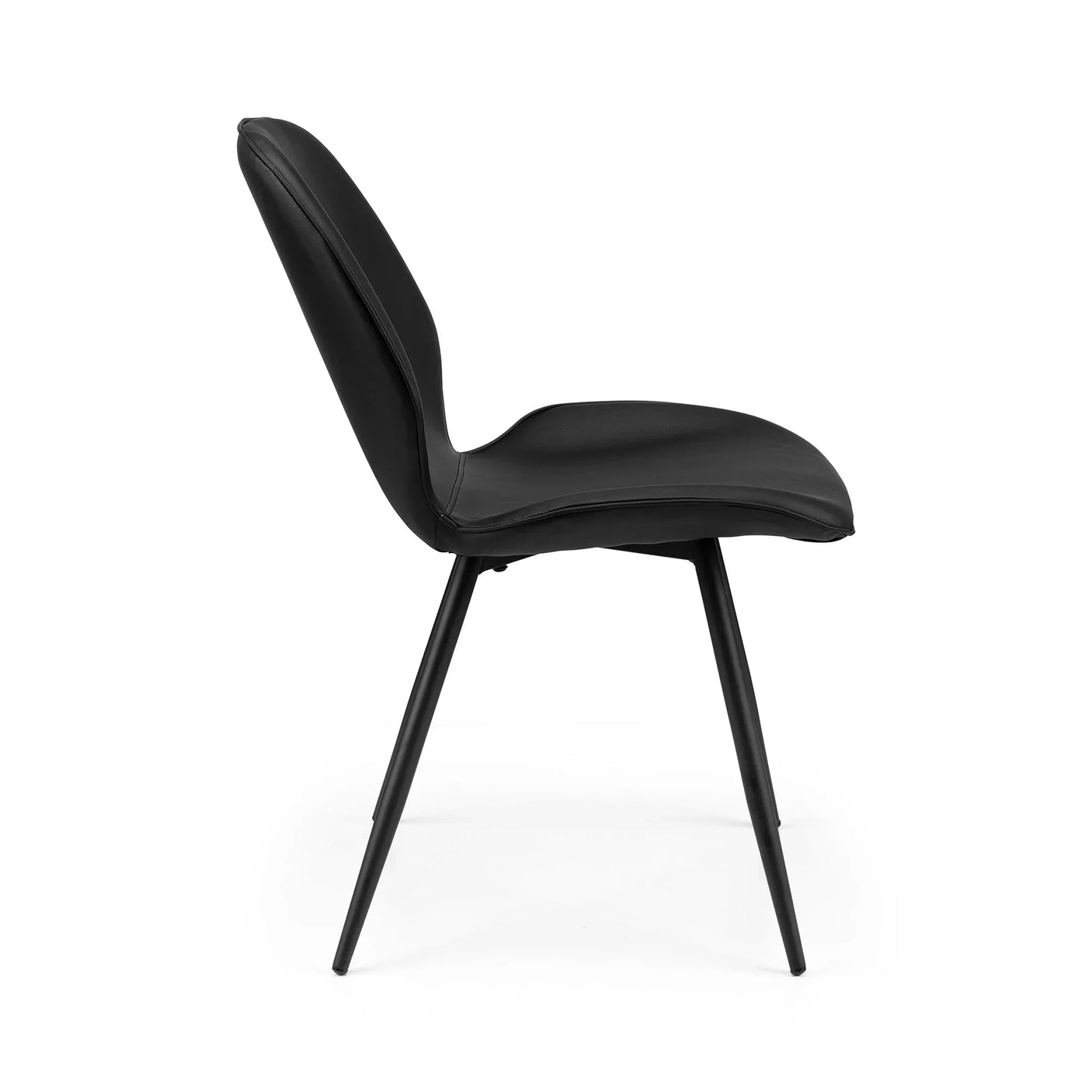Black dining chair with cushioned seat and angled metal legs, side profile view