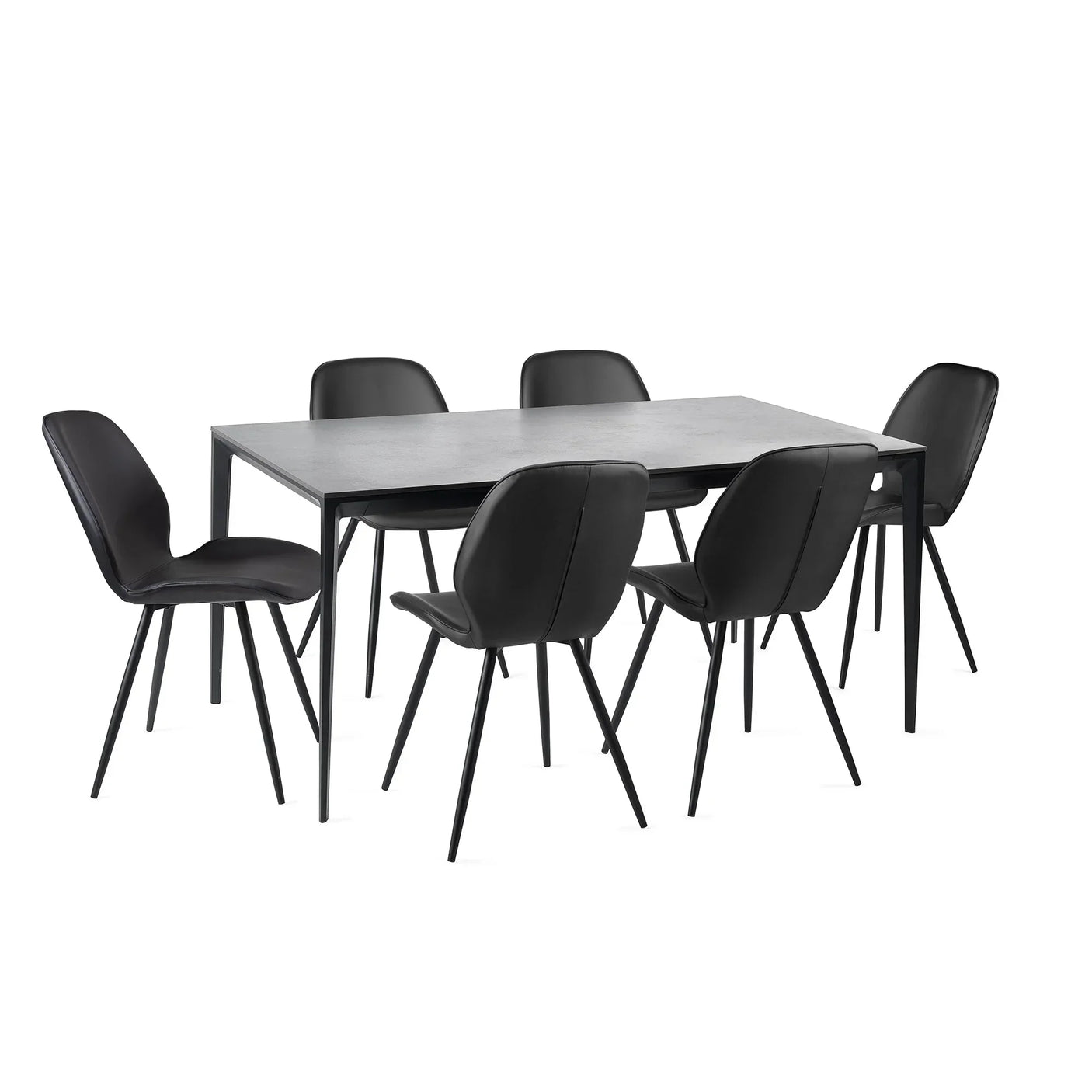 Black dining chair set with six chairs and rectangular table, metal legs, modern style