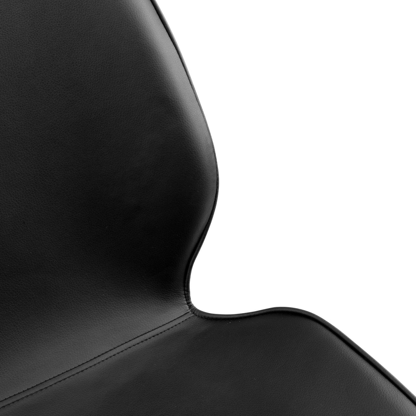 Detail view of black dining chair seat and curved backrest stitching