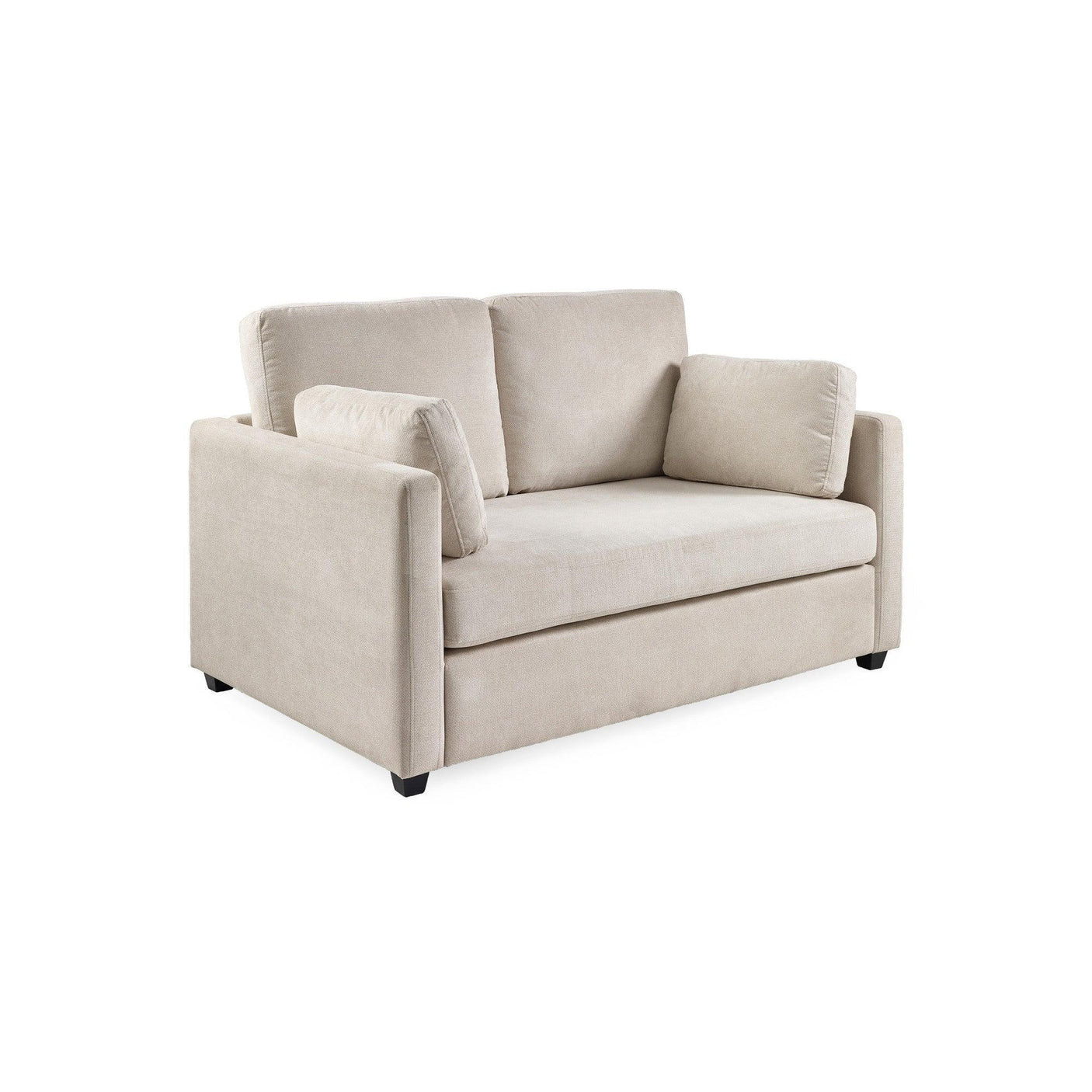 Beige fabric two-seater sofa with square arms and removable cushions, angled front view