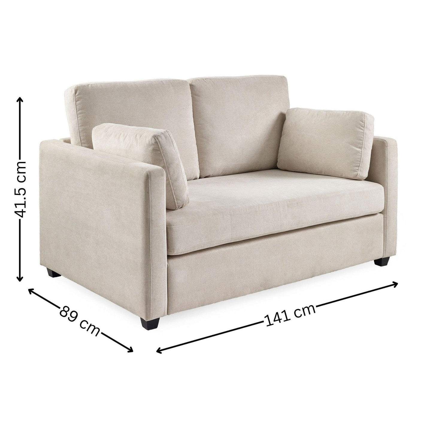 Beige fabric sofa with armrests, back cushions, side pillows and dimensions labeled