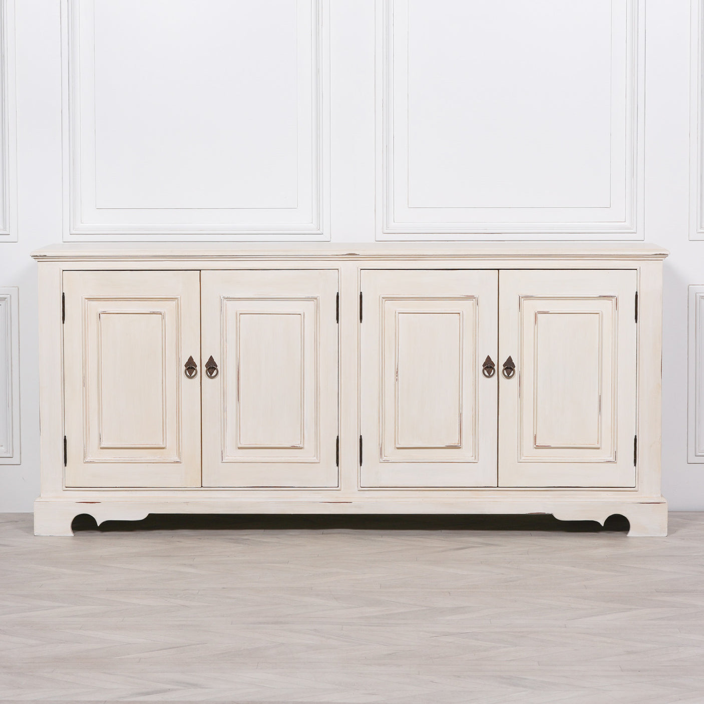 Distressed Aged White Brush Painted Classical Sideboard