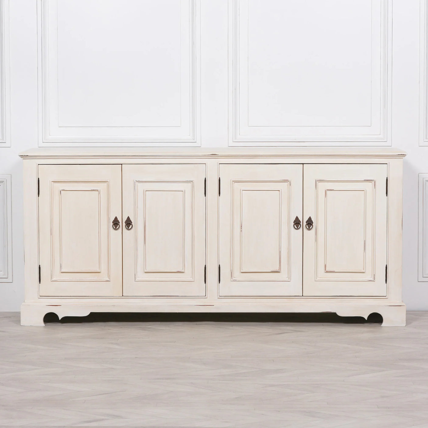 Distressed Aged White Brush Painted Classical Sideboard