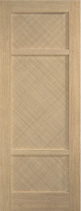 Oak interior door with three panels and wood grain texture, shown in a front view