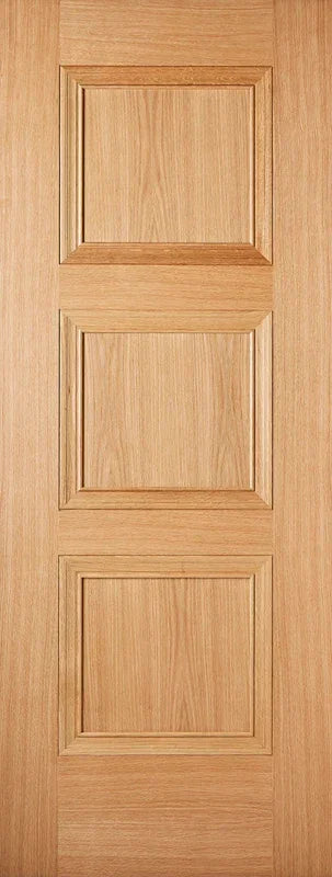 Light oak internal door with three square panels, vertical wood grain and natural finish