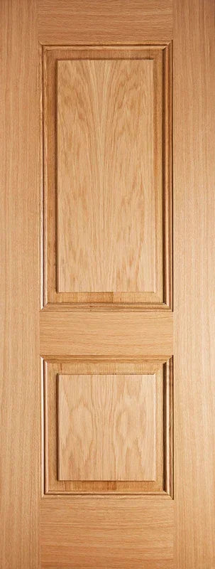 Oak panel interior door with two raised rectangular panels and natural wood grain finish