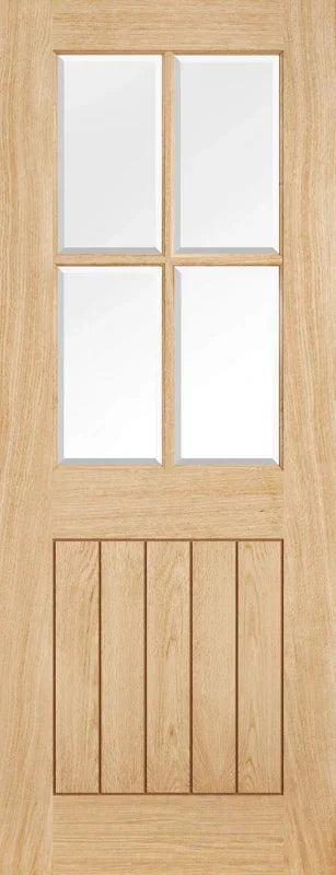 Oak internal door with four clear glass panels and vertical wood panels at the bottom