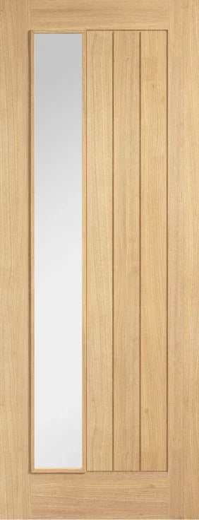 Oak glazed internal door with clear vertical offset glass panel and wood grain finish