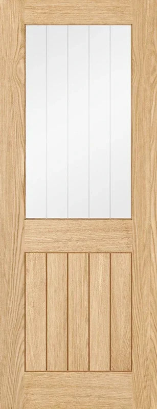 Oak glazed internal door with vertical panels and clear glass inset