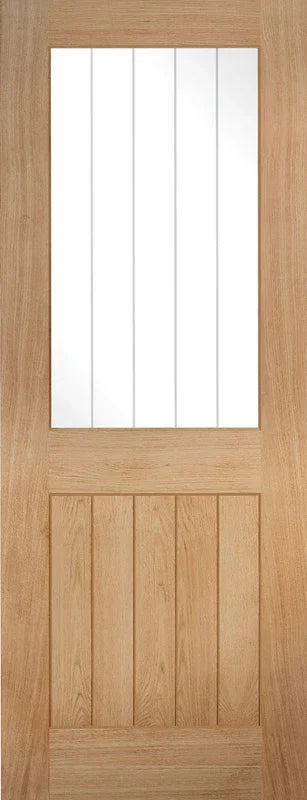 Oak glazed internal door with vertical glass panels and natural wood finish