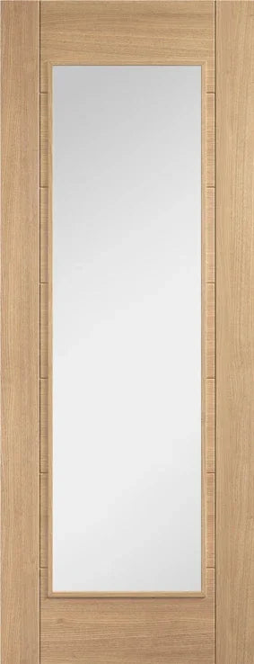 Oak glazed interior door with large central glass panel, light wood finish, full front view