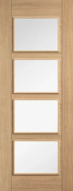Oak glazed door with four rectangular clear glass panels, vertical view