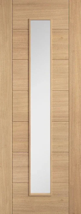 Oak internal door with long glazed panel, light finish, horizontal wood grain detail