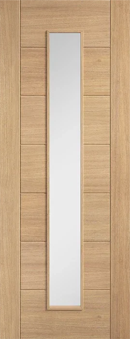 Oak internal door with long glazed panel and horizontal grain detail