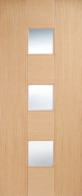 Oak door with glazed panels and three square glass inserts in vertical alignment